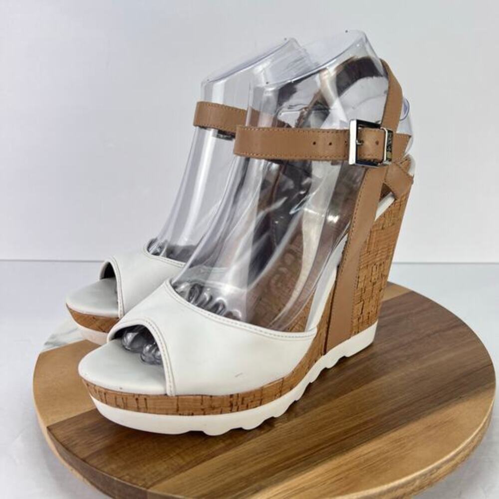 SAM EDELMAN Karina Sandal Slingback Cork Wedge White Leather Heel 7.5 - Picture 3 of 12